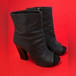 AllSaints Snakeskin Embossed Peep Toe Ankle Booties, size 38